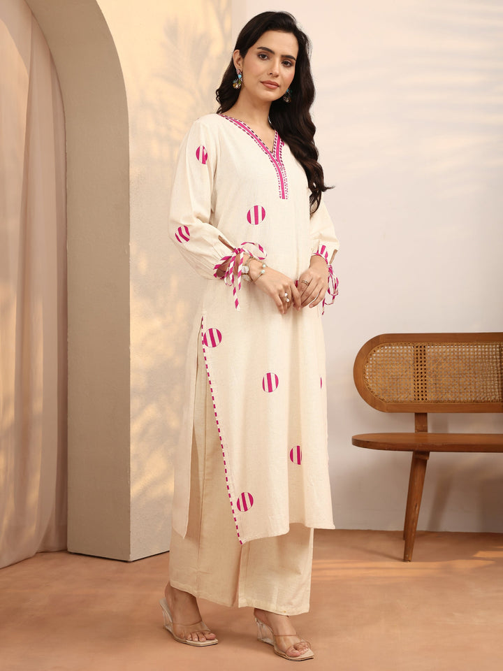 Off White Printed Cotton Blend Straight Kurta Set