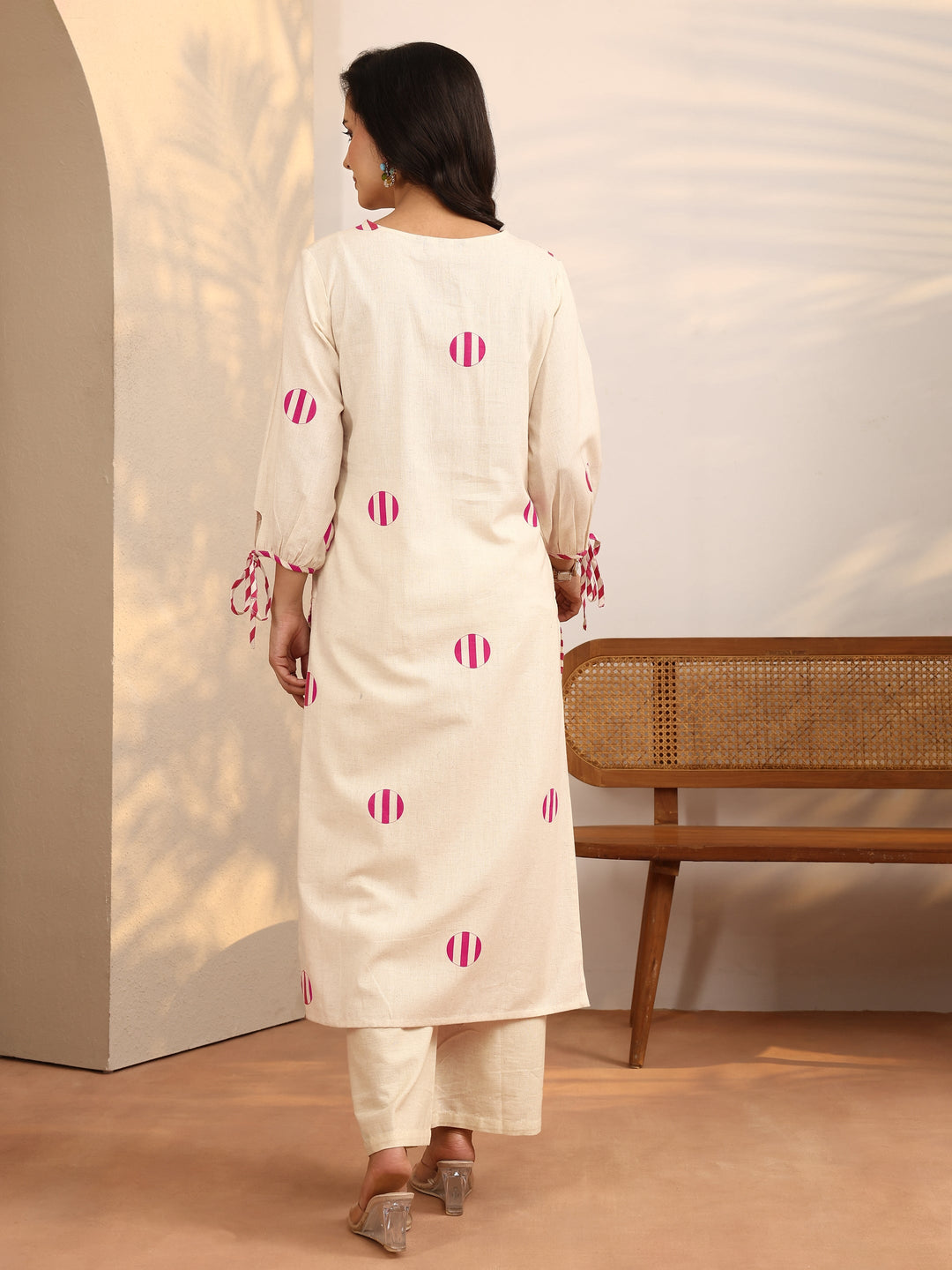 Off White Printed Cotton Blend Straight Kurta Set