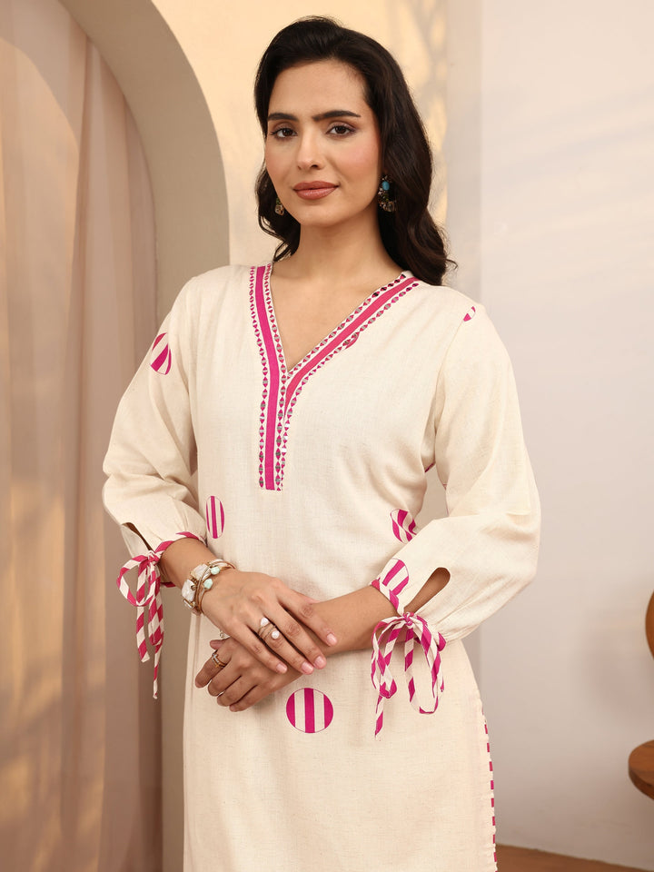 Off White Printed Cotton Blend Straight Kurta Set
