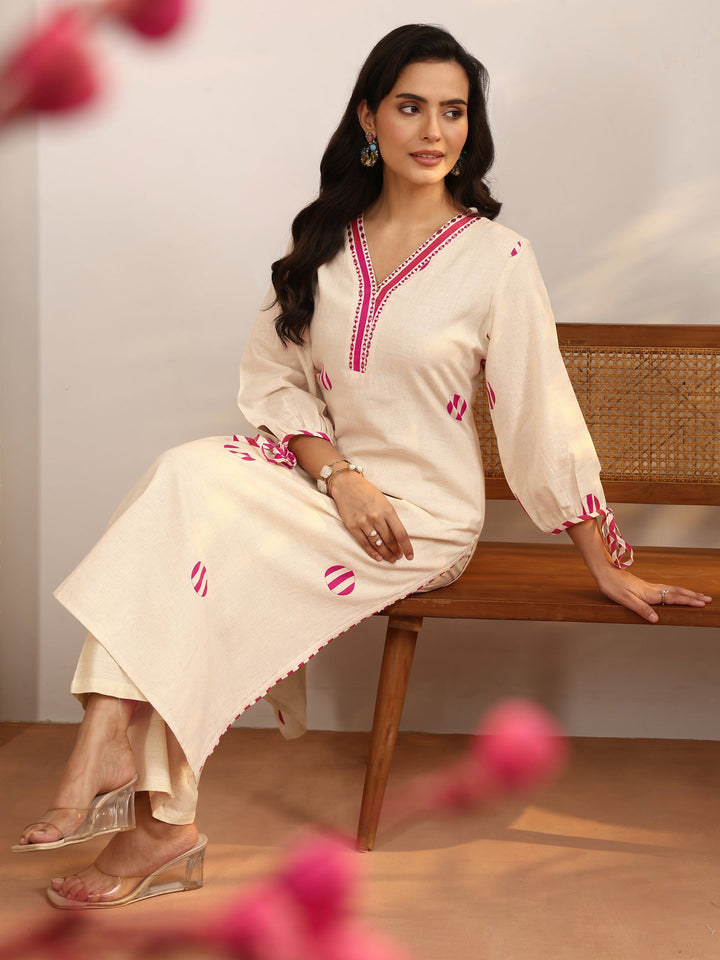 Off White Printed Cotton Blend Straight Kurta Set