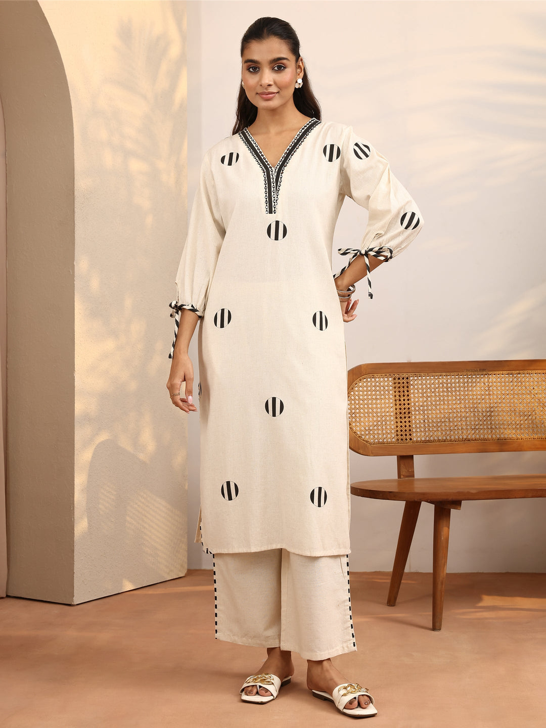 Off White Printed Cotton Blend Straight Kurta Set