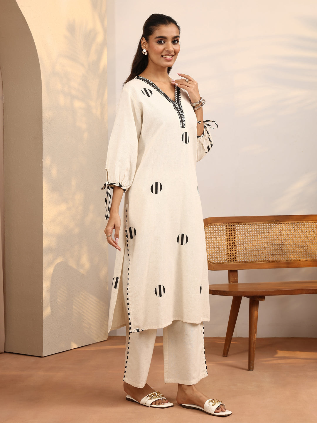 Off White Printed Cotton Blend Straight Kurta Set