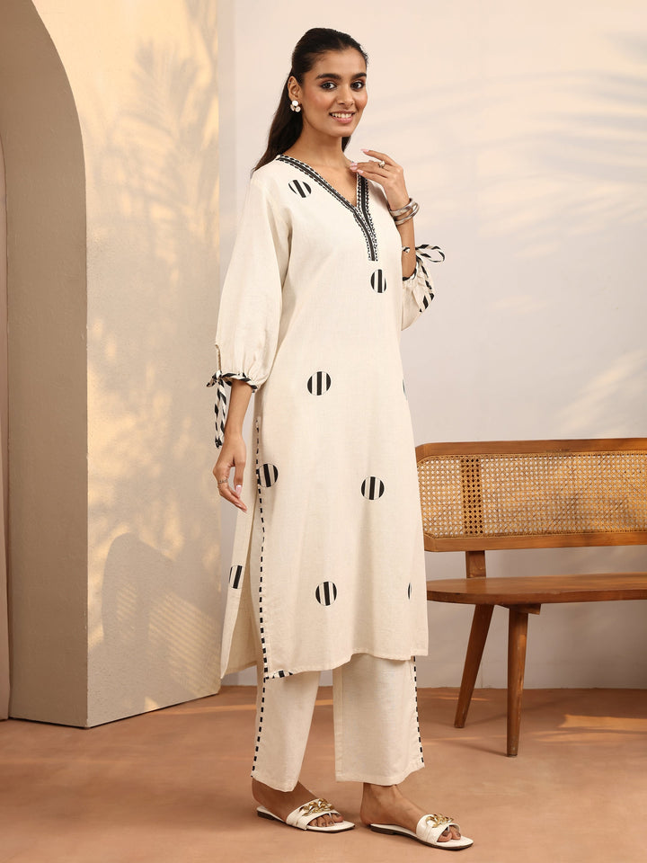 Off White Printed Cotton Blend Straight Kurta Set