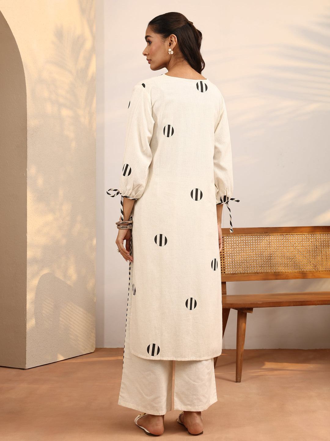 Off White Printed Cotton Blend Straight Kurta Set