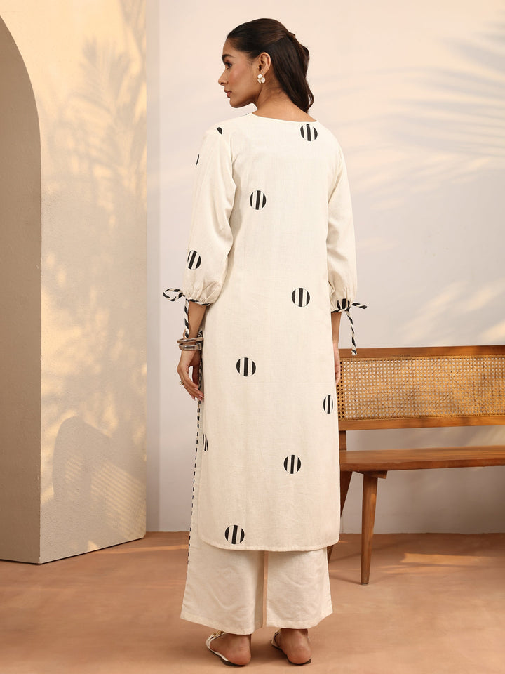Off White Printed Cotton Blend Straight Kurta Set