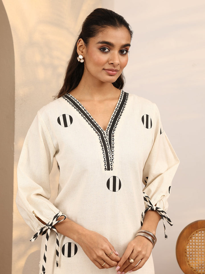 Off White Printed Cotton Blend Straight Kurta Set