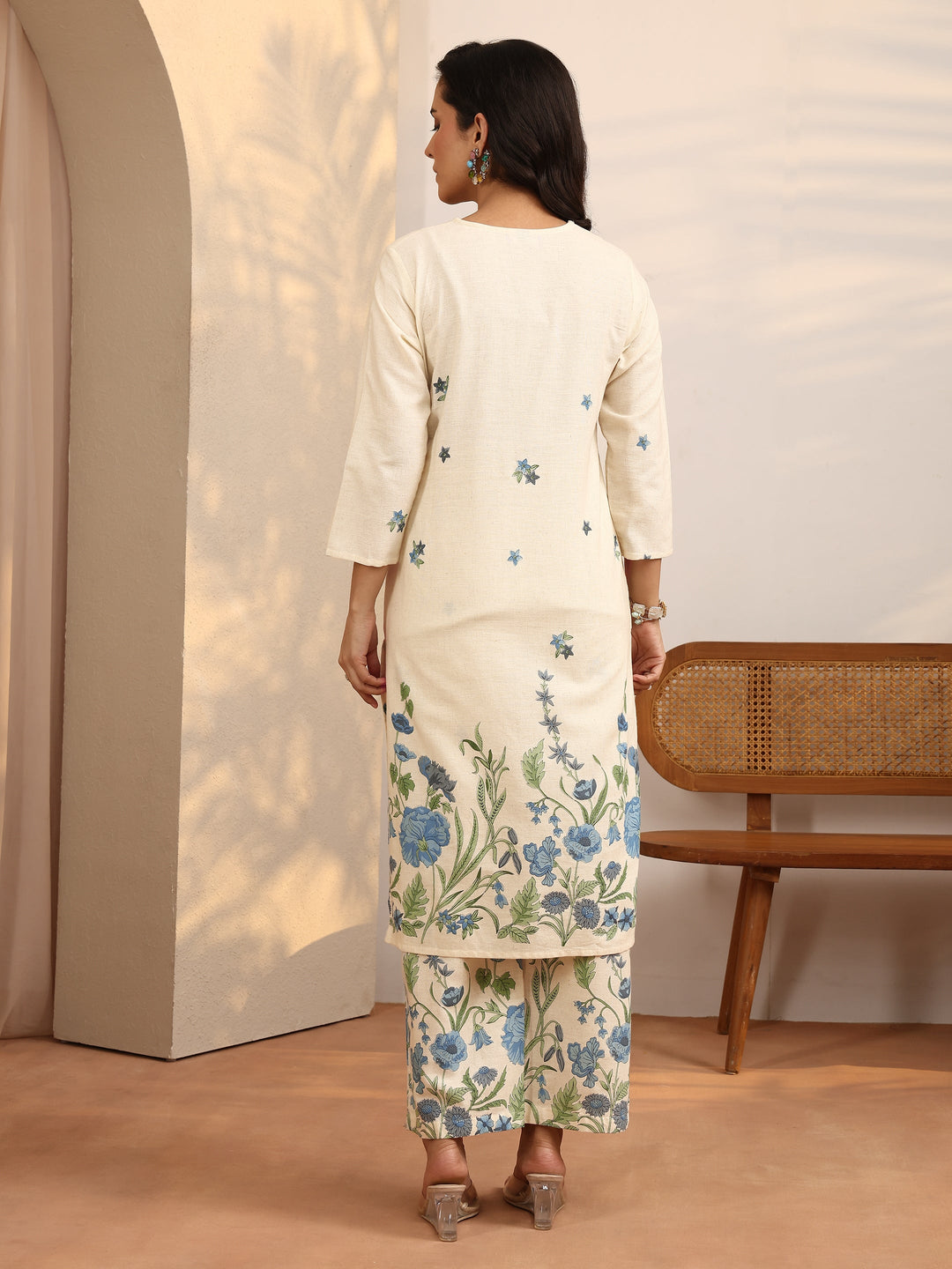 Off White Printed Cotton Blend Co-Ord Set