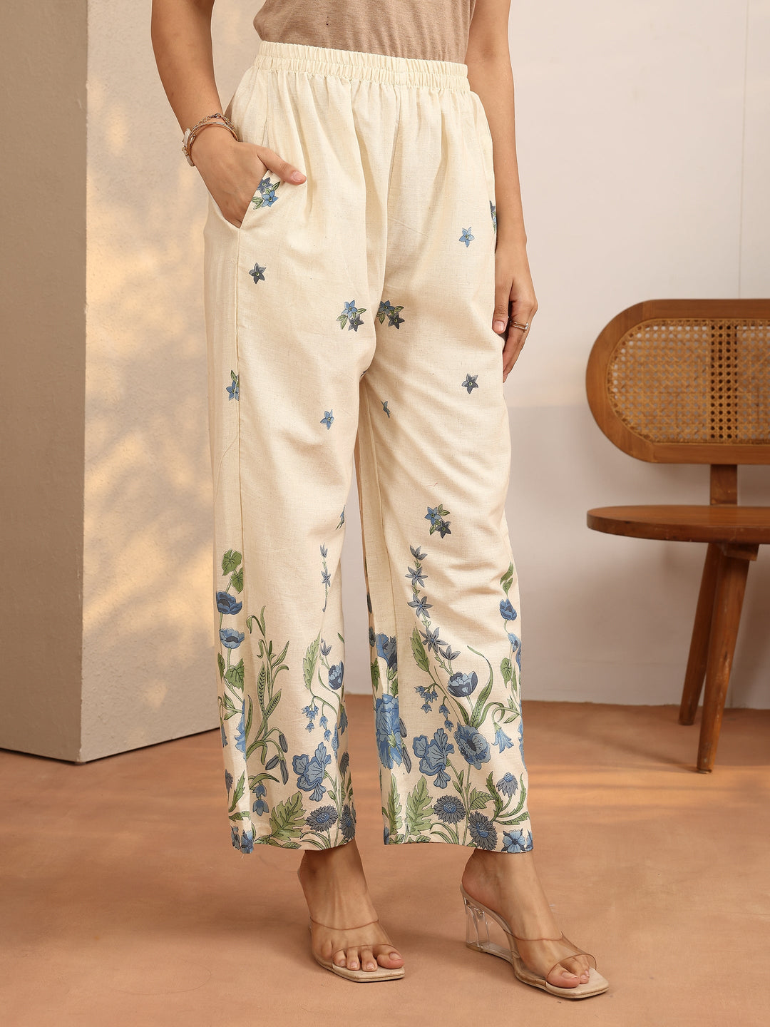 Off White Printed Cotton Blend Co-Ord Set