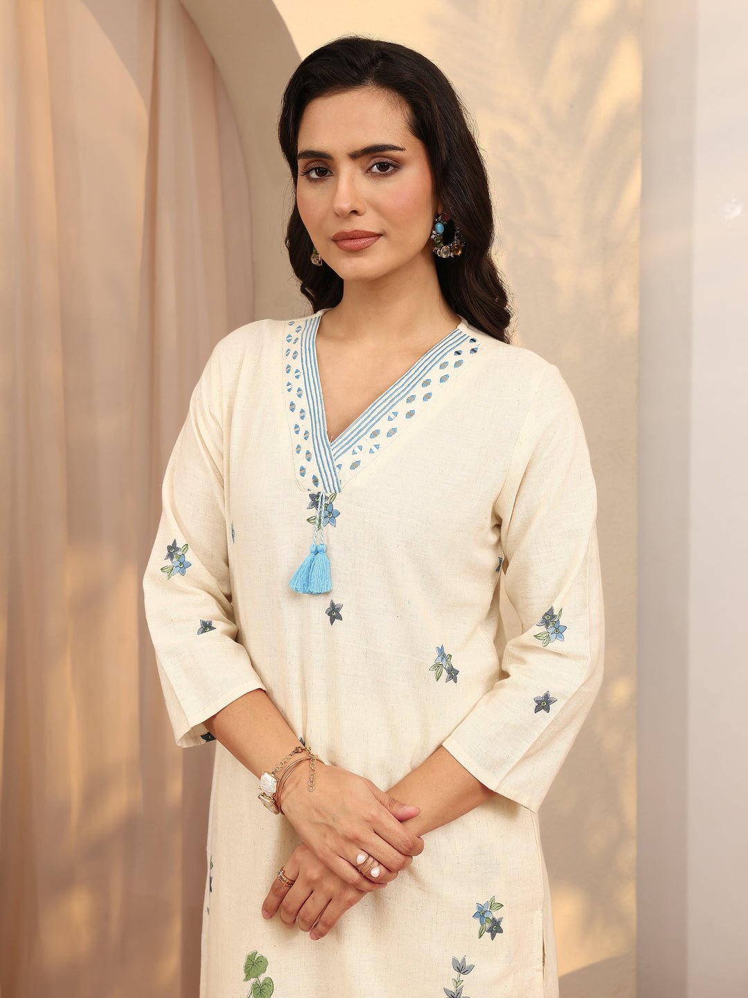 Off White Printed Cotton Blend Co-Ord Set