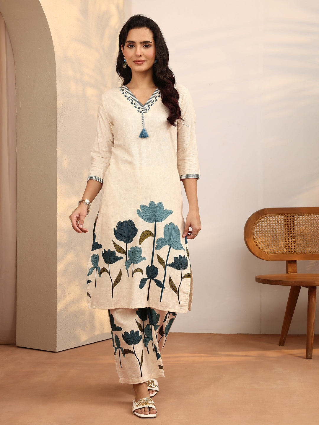 Off White Printed Cotton Blend Co-Ord Set