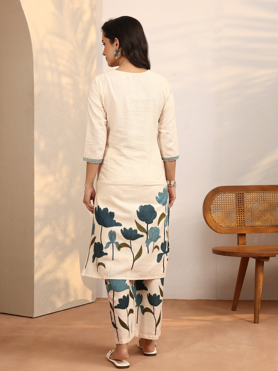 Off White Printed Cotton Blend Co-Ord Set