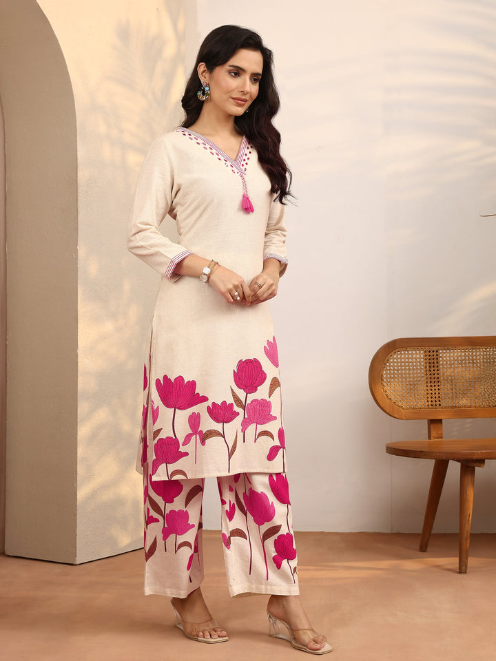 Off White Printed Cotton Blend Co-Ord Set
