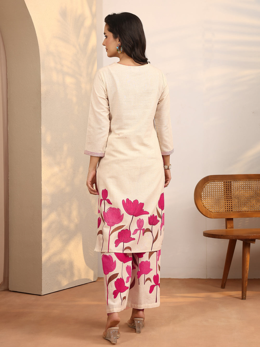 Off White Printed Cotton Blend Co-Ord Set