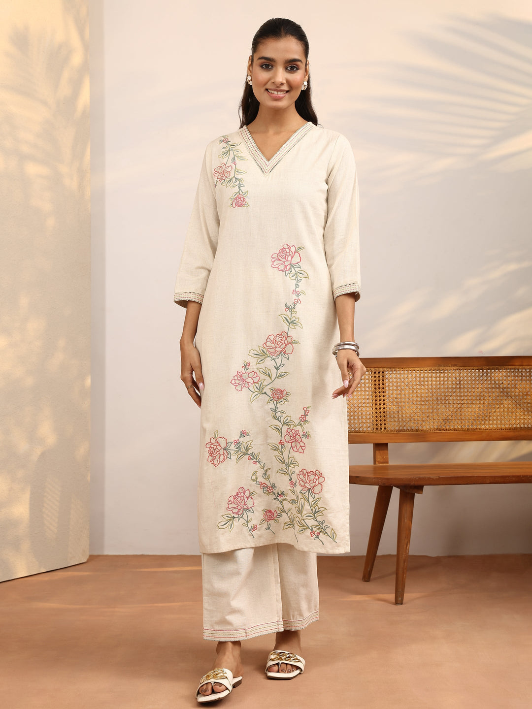 Off White Embroidered Cotton Blend Straight Kurta Set