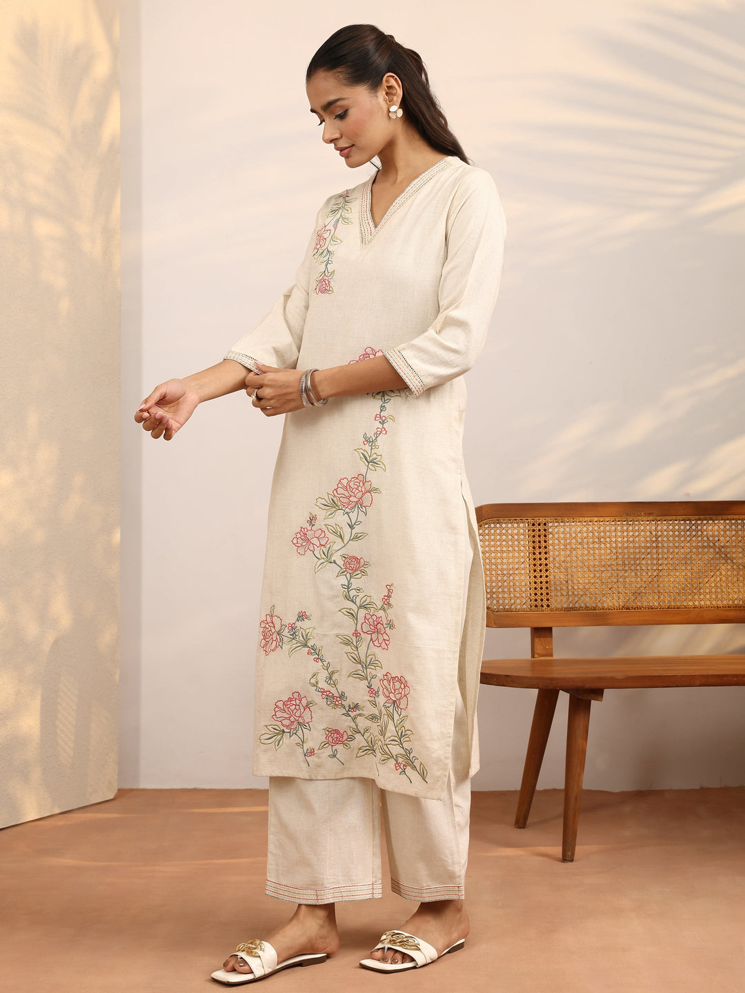 Off White Embroidered Cotton Blend Straight Kurta Set