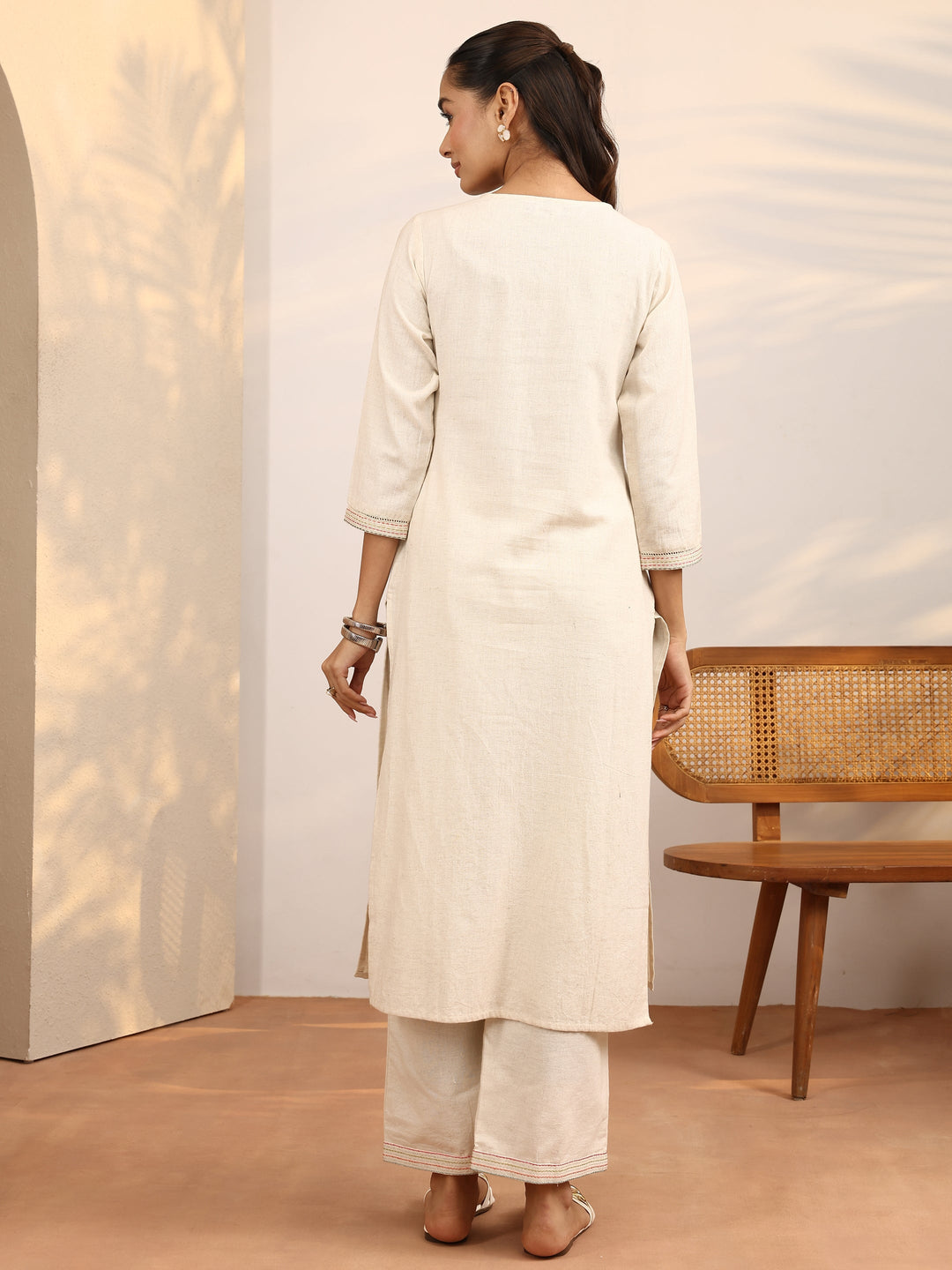 Off White Embroidered Cotton Blend Straight Kurta Set