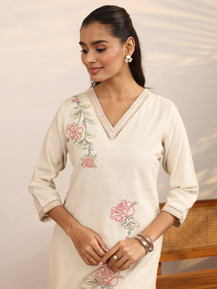 Off White Embroidered Cotton Blend Straight Kurta Set
