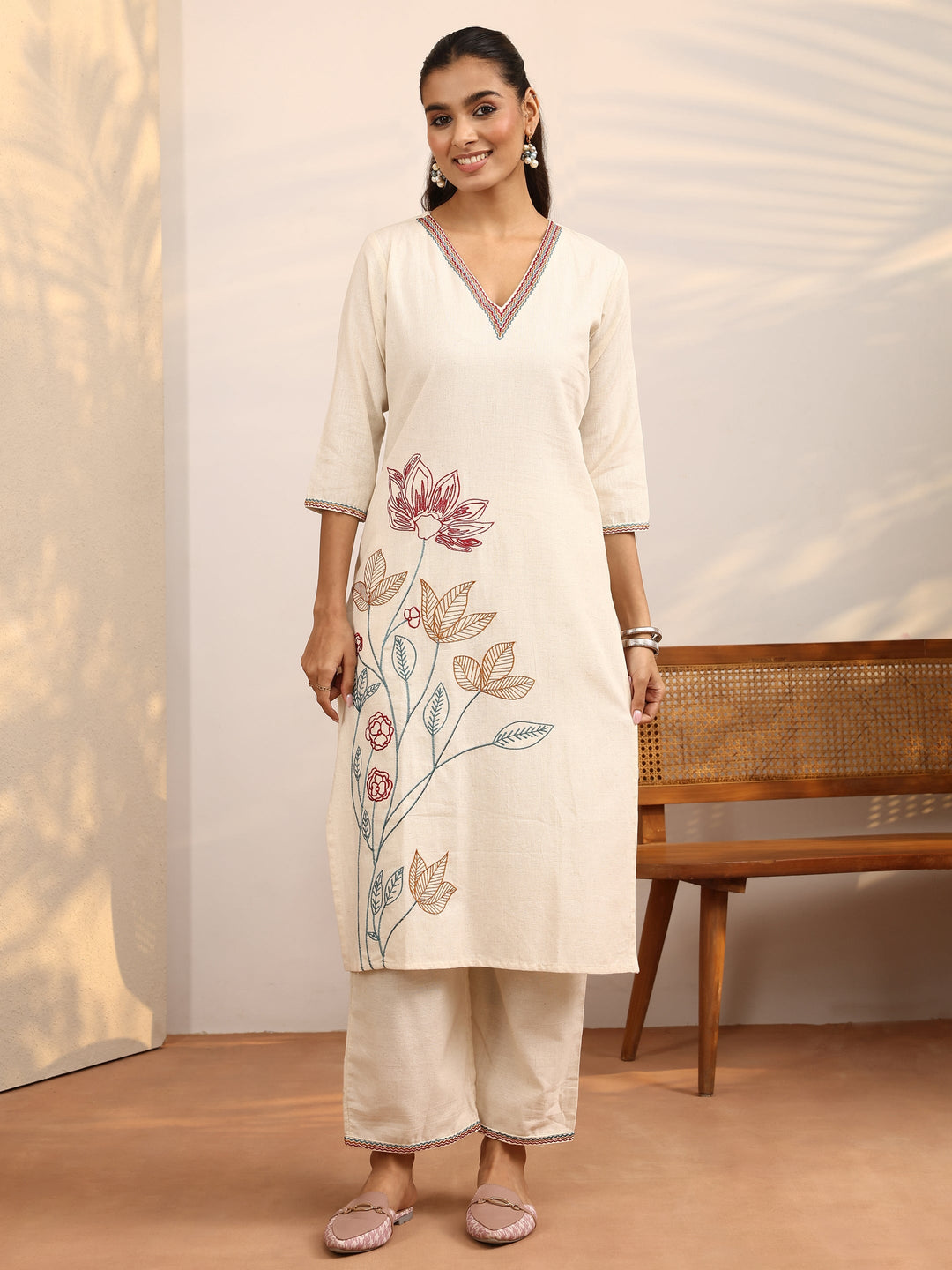 Off White Embroidered Cotton Blend Straight Kurta Set