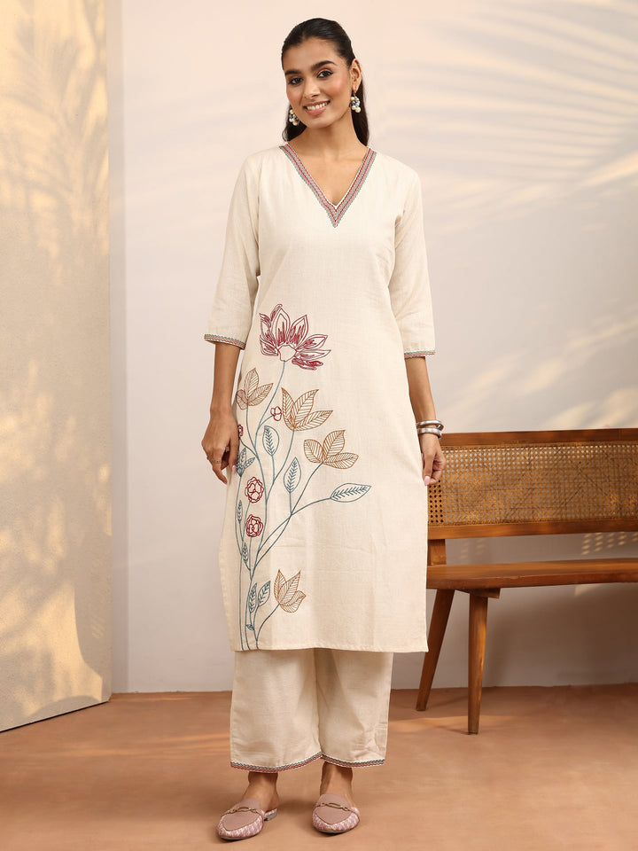 Off White Embroidered Cotton Blend Straight Kurta Set