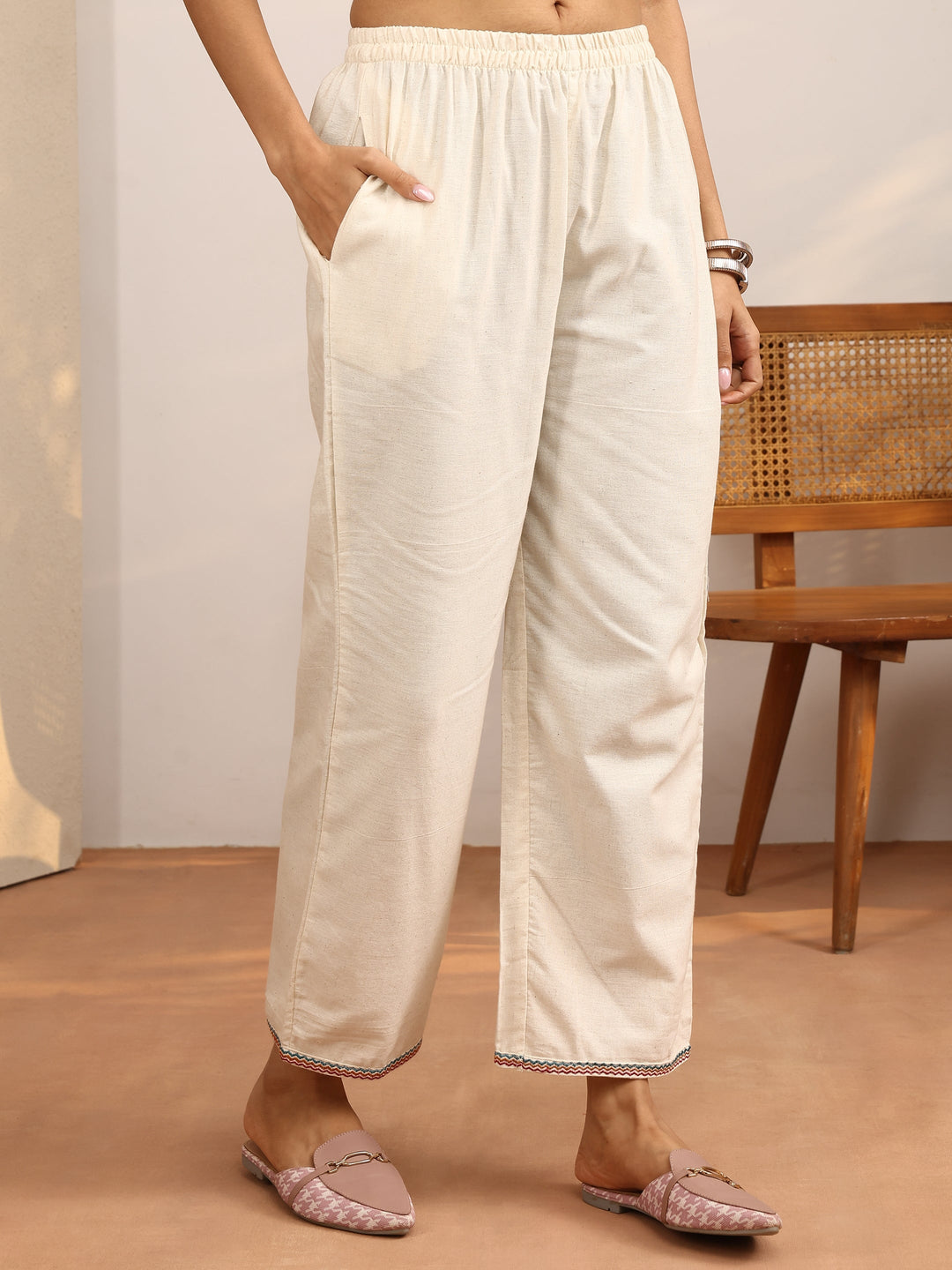 Off White Embroidered Cotton Blend Straight Kurta Set