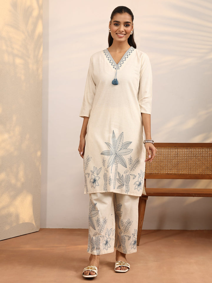 Off White Printed Cotton Blend Co-Ord Set