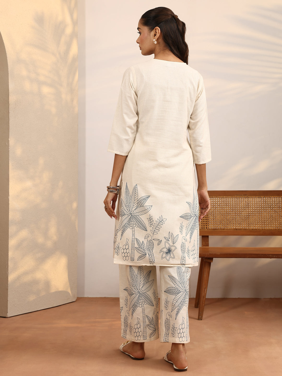 Off White Printed Cotton Blend Co-Ord Set