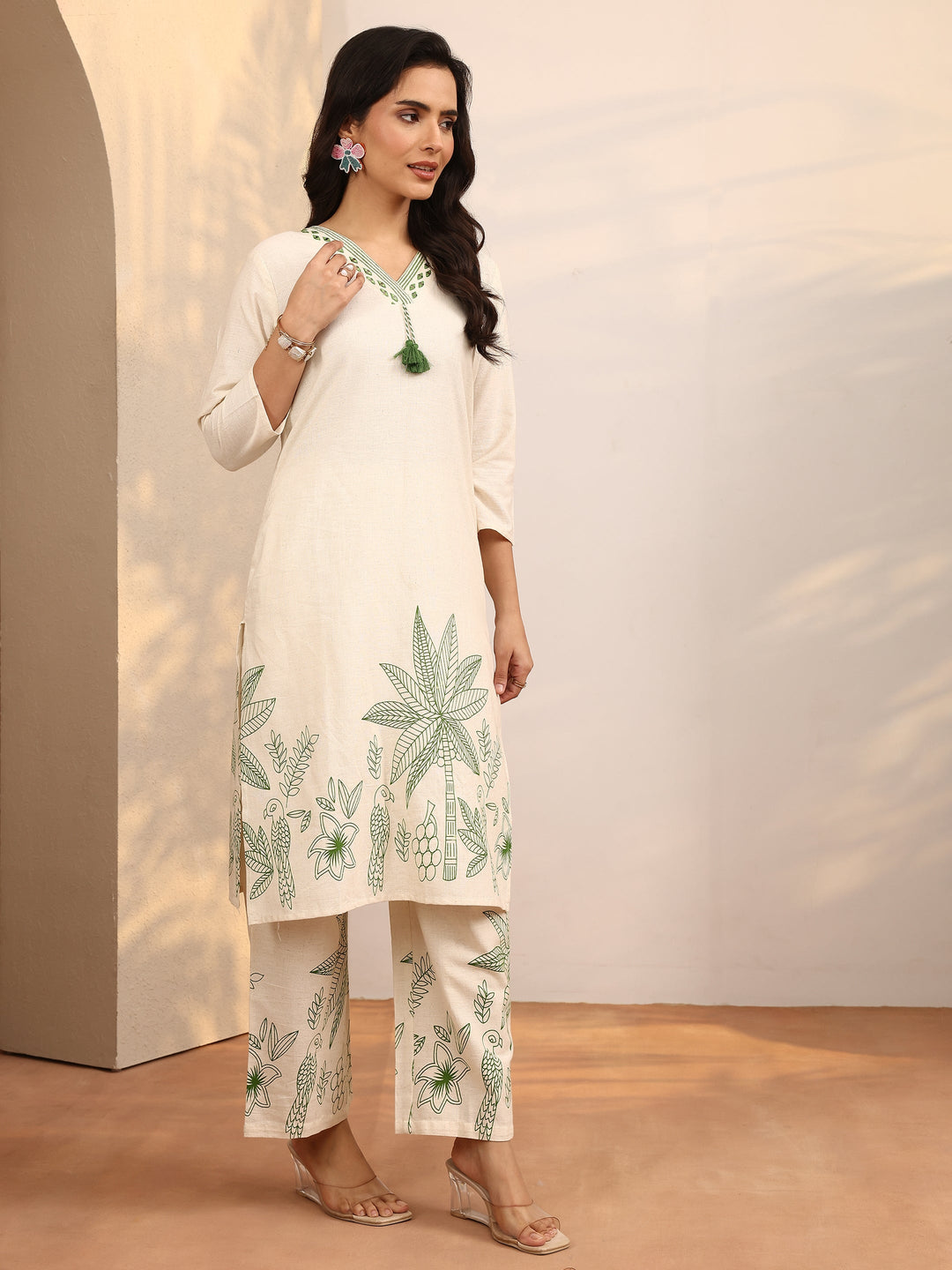 Off White Printed Cotton Blend Co-Ord Set