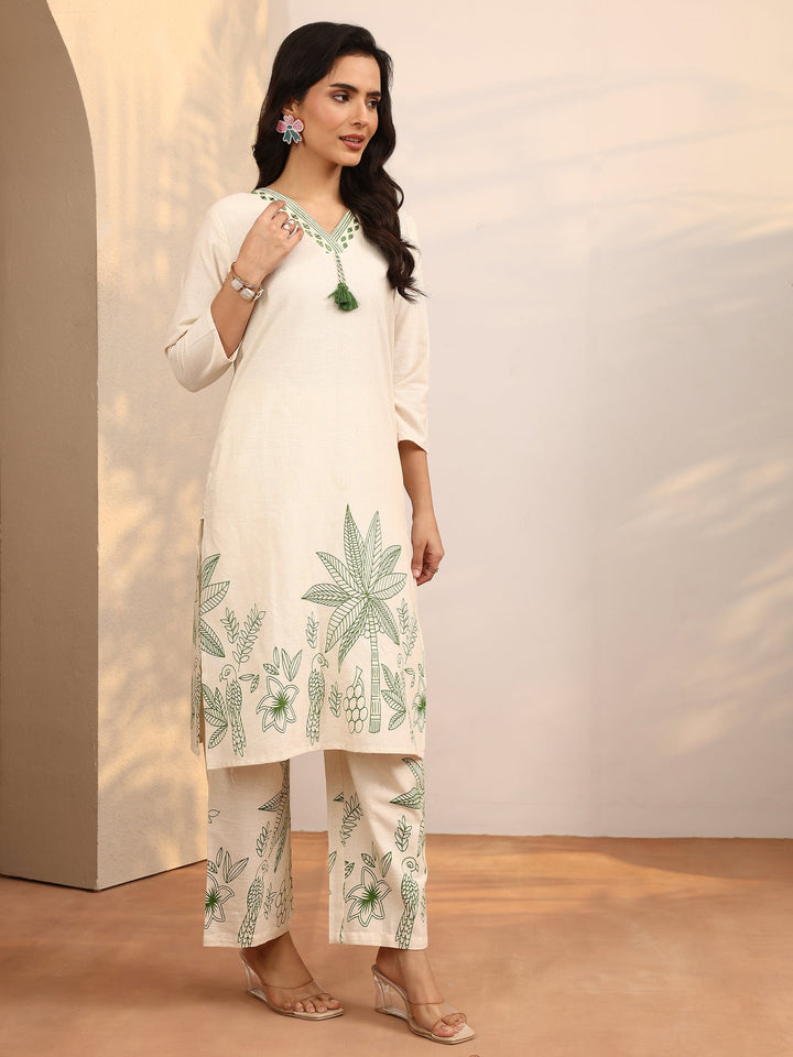 Off White Printed Cotton Blend Co-Ord Set