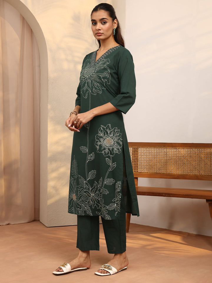 Green Printed Cotton Straight Suit Set With Dupatta