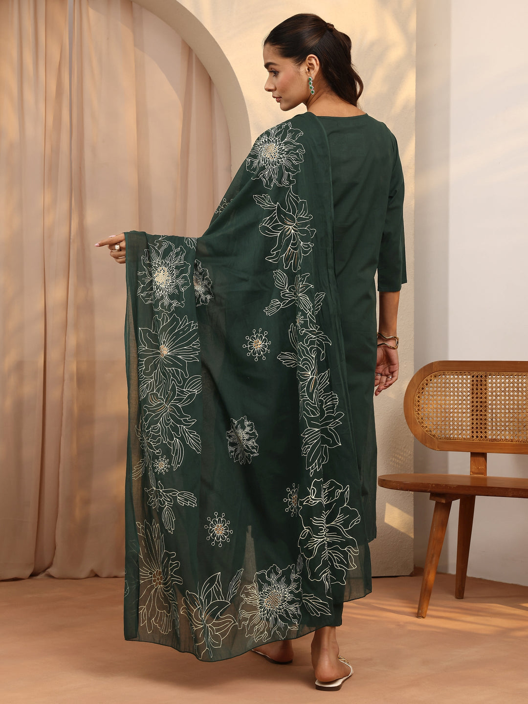 Green Printed Cotton Straight Suit Set With Dupatta