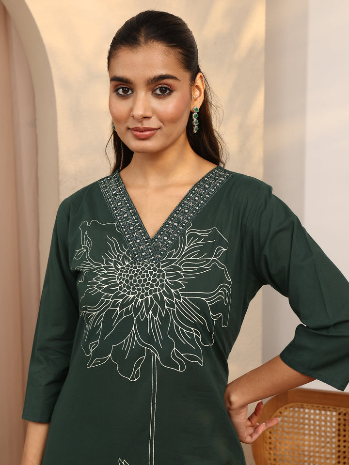 Green Printed Cotton Straight Suit Set With Dupatta