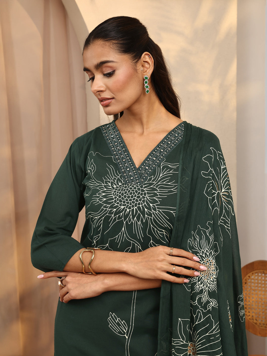 Green Printed Cotton Straight Suit Set With Dupatta