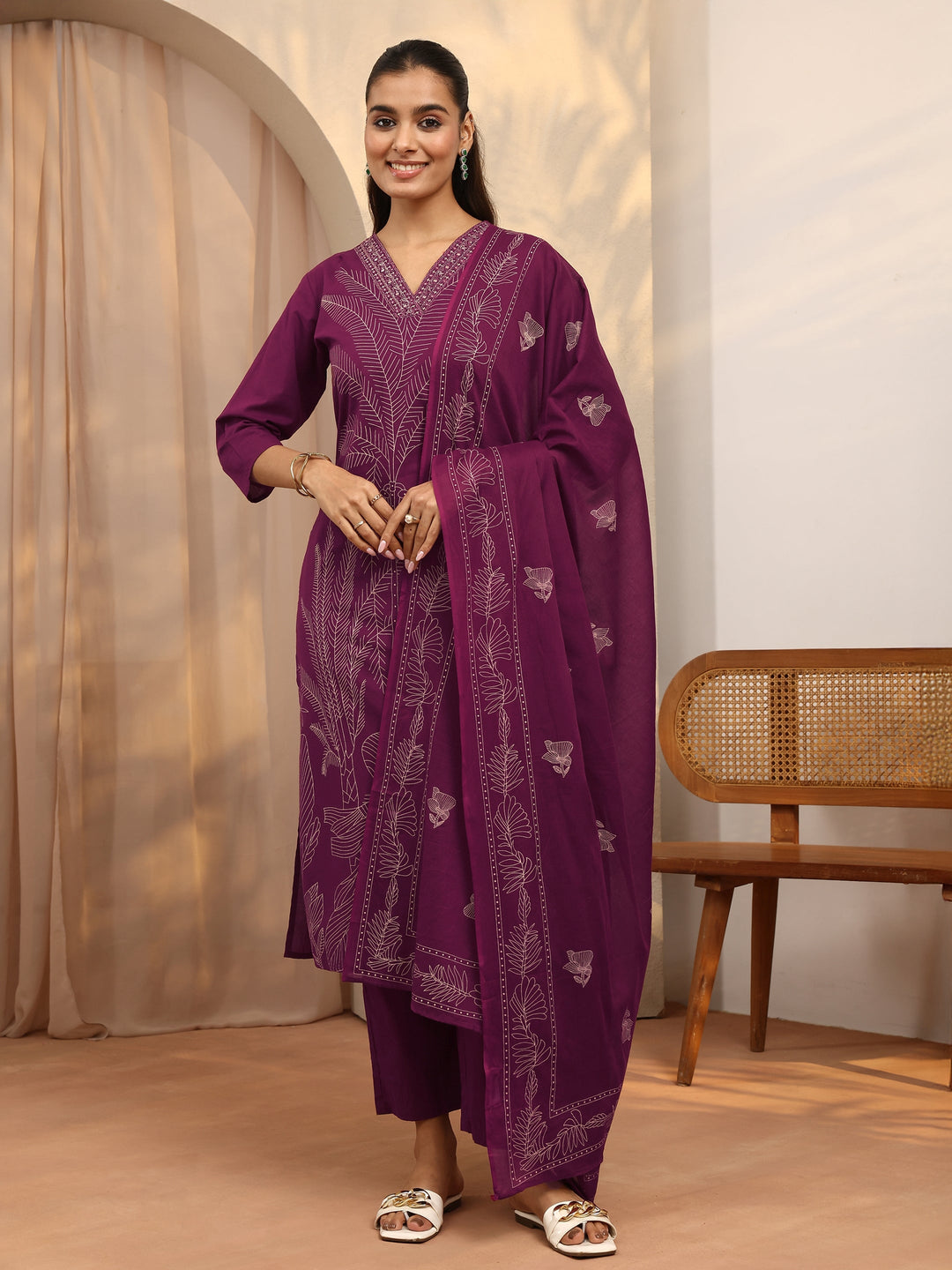 Burgundy Embroidered Cotton Straight Suit Set With Dupatta