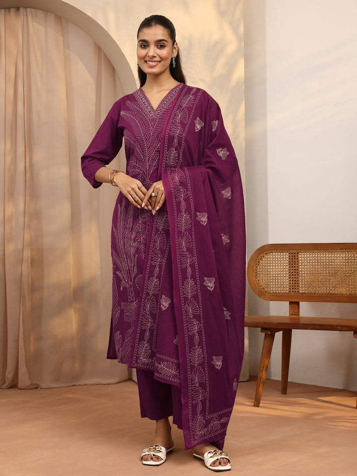 Burgundy Embroidered Cotton Straight Suit Set With Dupatta