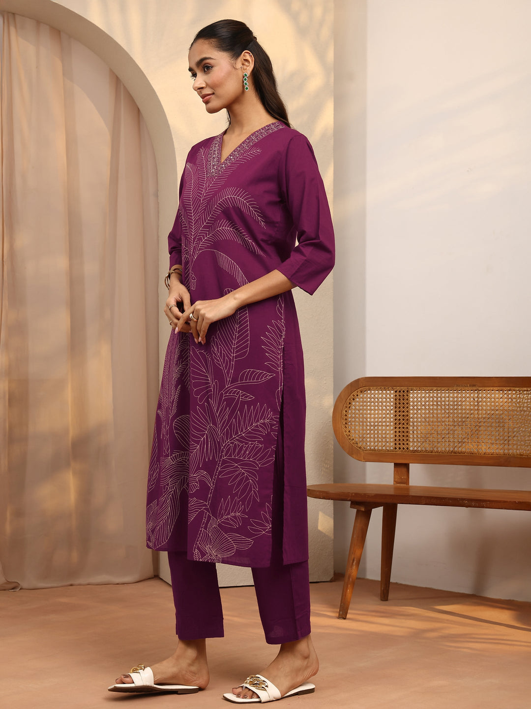 Burgundy Embroidered Cotton Straight Suit Set With Dupatta