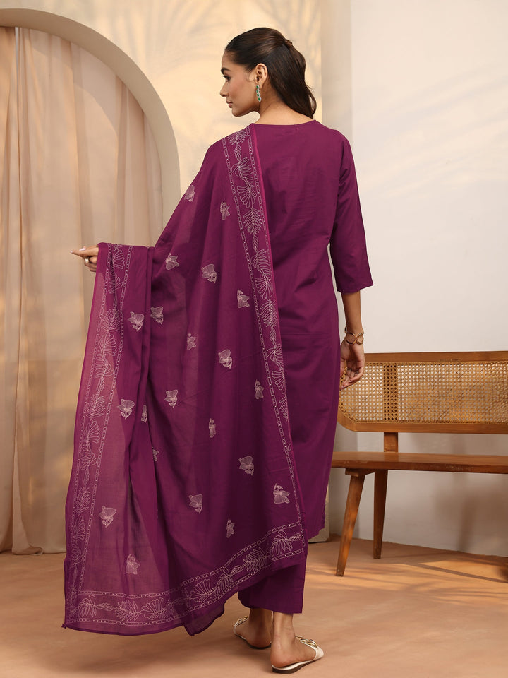 Burgundy Embroidered Cotton Straight Suit Set With Dupatta