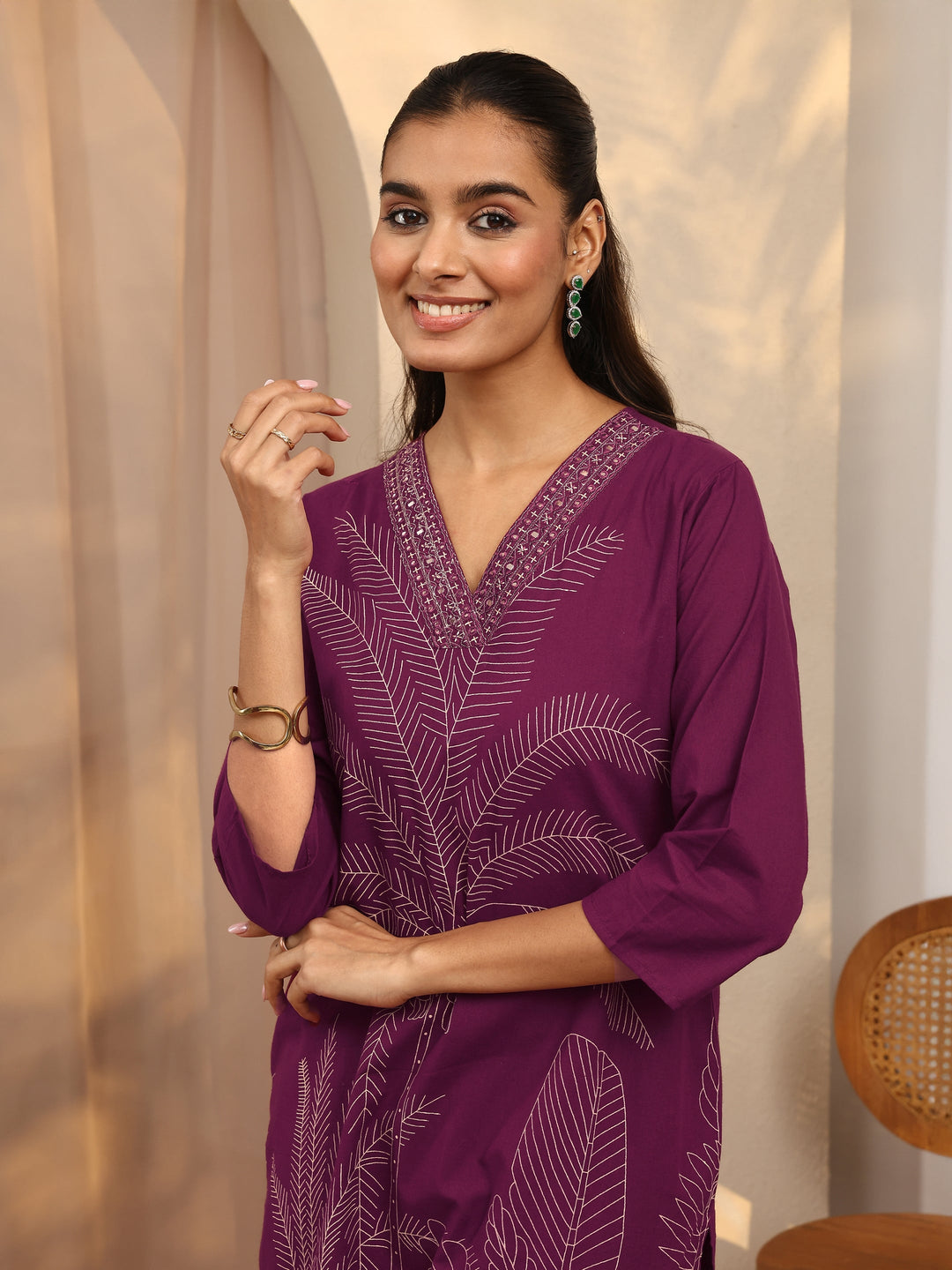 Burgundy Embroidered Cotton Straight Suit Set With Dupatta