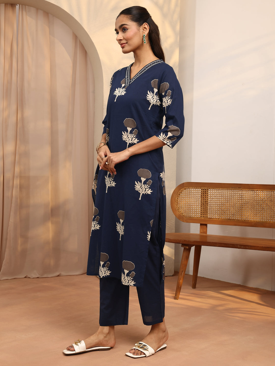 Blue Printed Cotton Straight Suit Set With Dupatta