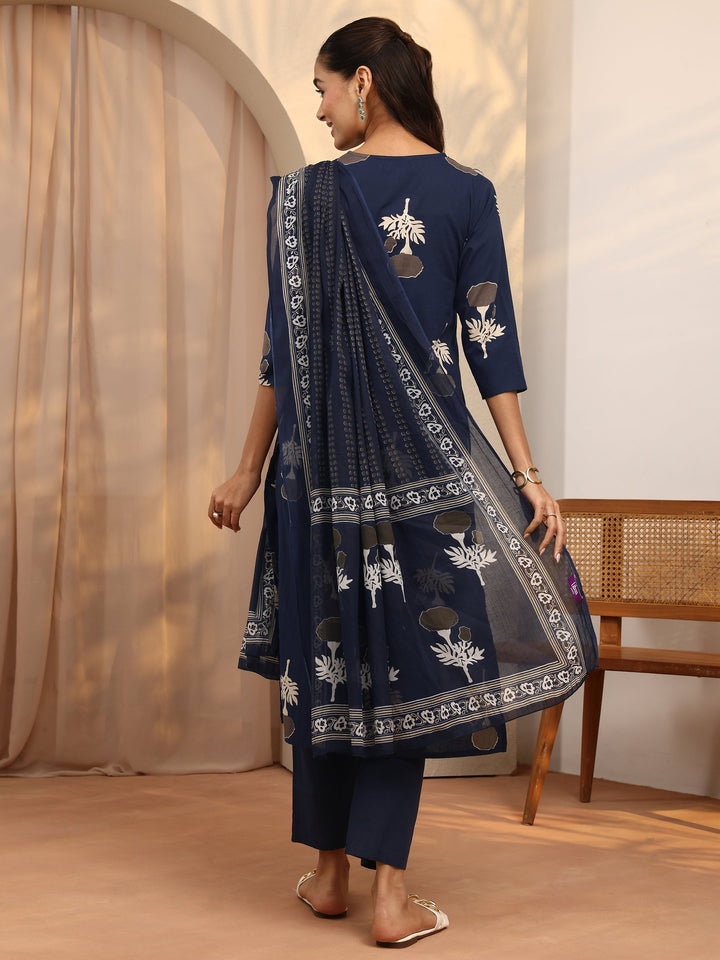 Blue Printed Cotton Straight Suit Set With Dupatta