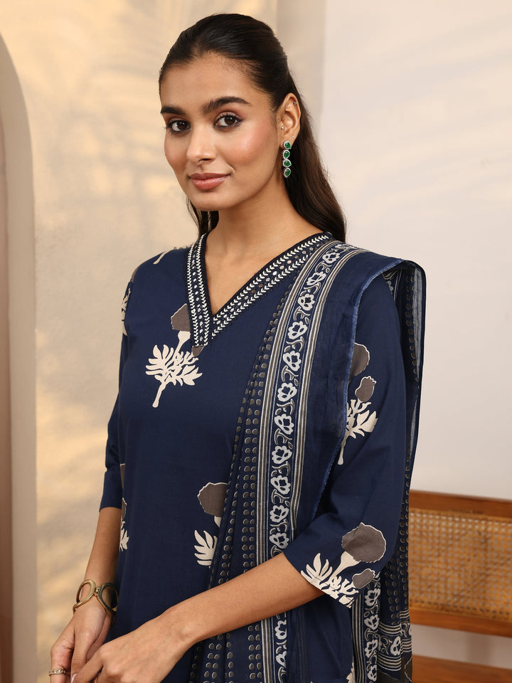 Blue Printed Cotton Straight Suit Set With Dupatta