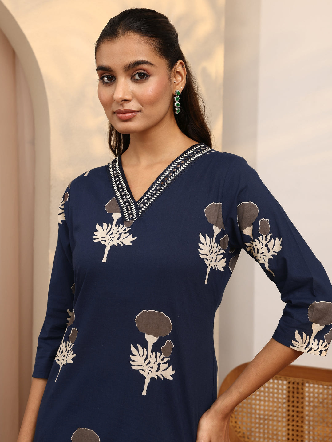 Blue Printed Cotton Straight Suit Set With Dupatta