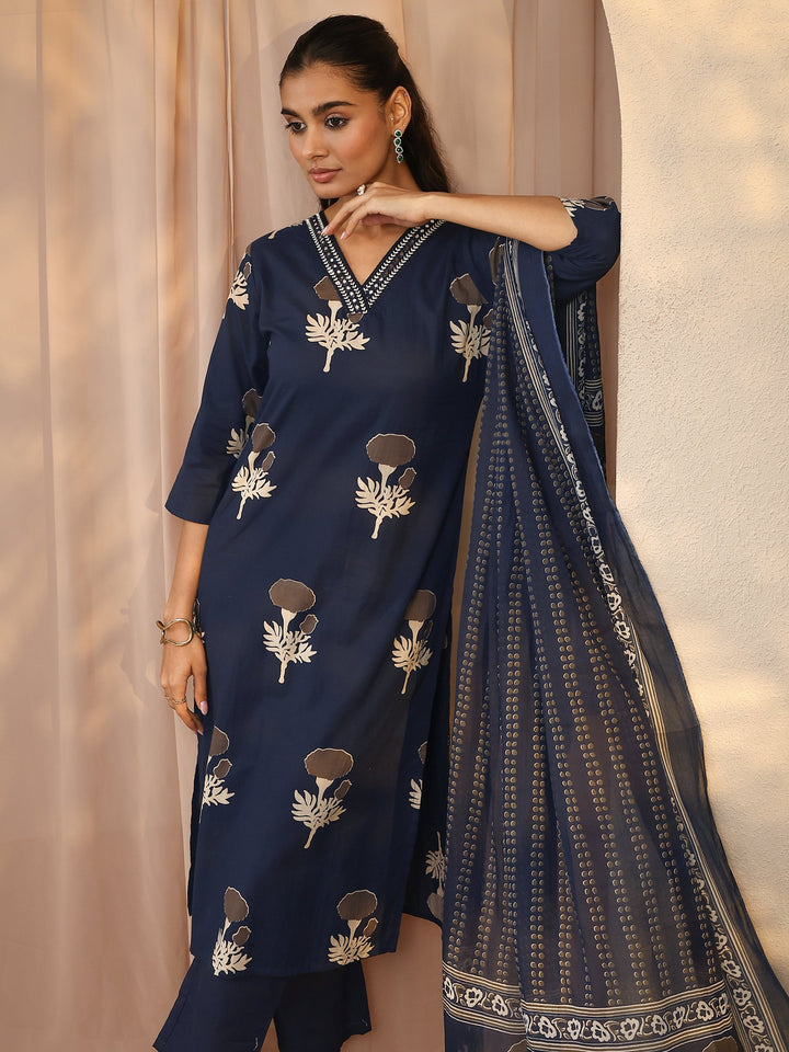 Blue Printed Cotton Straight Suit Set With Dupatta