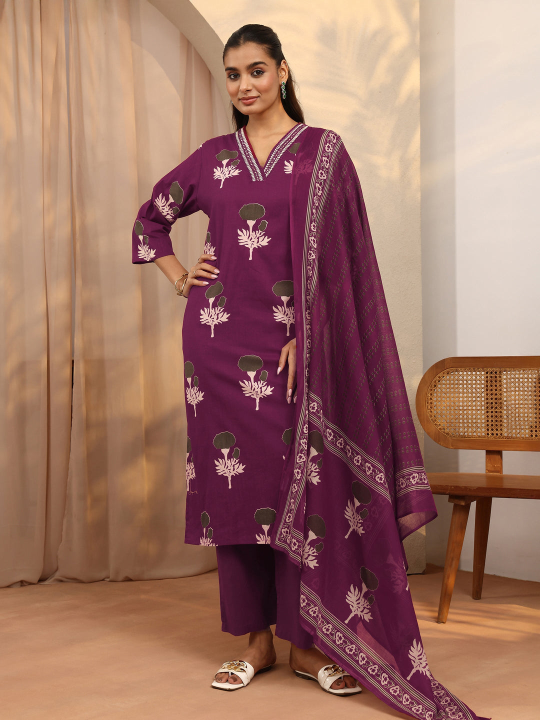 Burgundy Printed Cotton Straight Suit Set With Dupatta