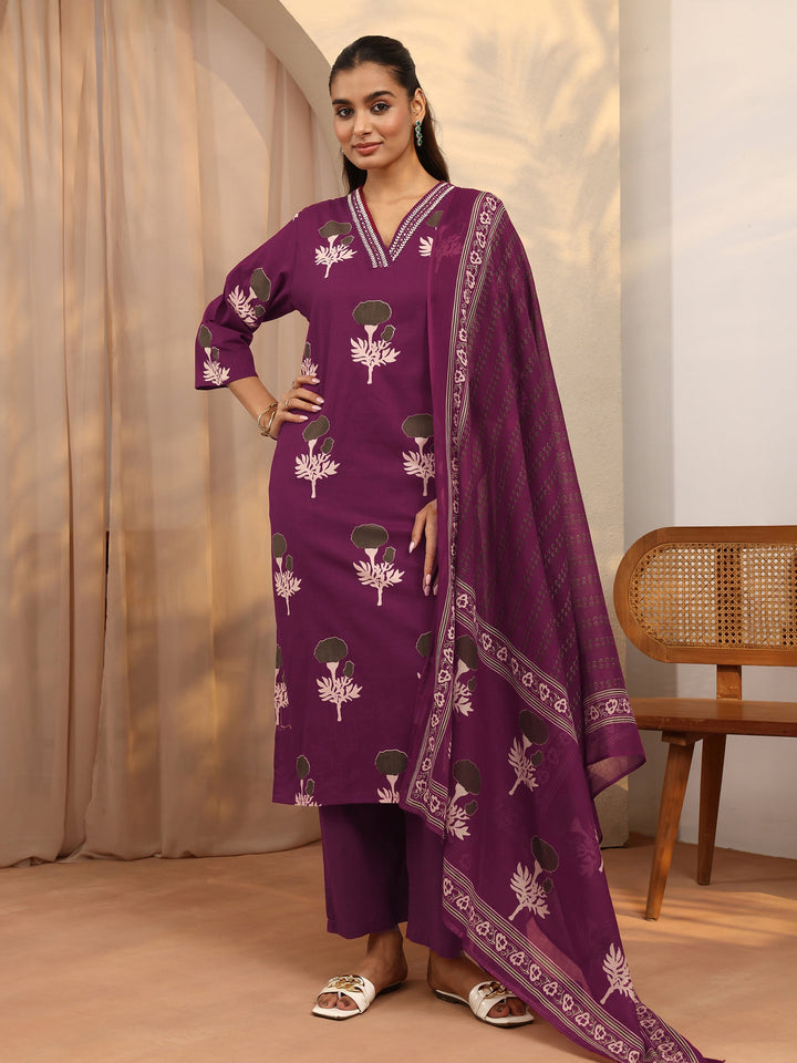 Burgundy Printed Cotton Straight Suit Set With Dupatta