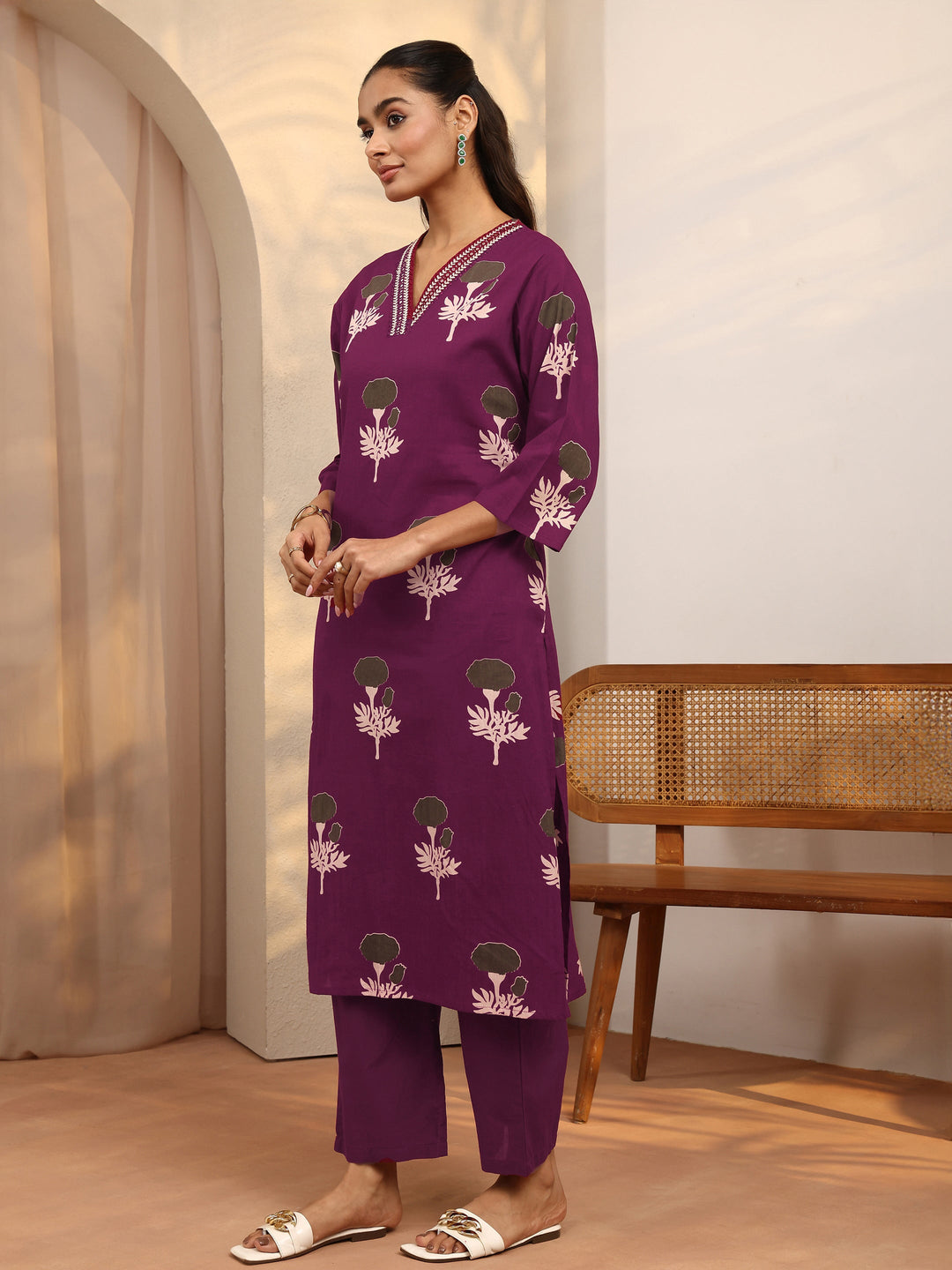 Burgundy Printed Cotton Straight Suit Set With Dupatta
