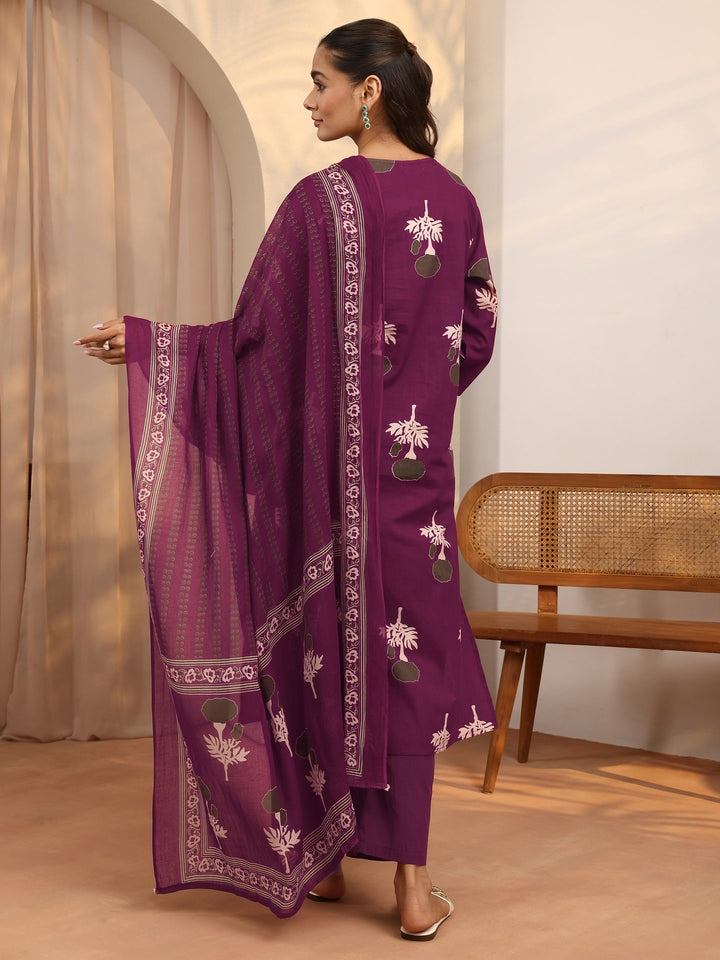 Burgundy Printed Cotton Straight Suit Set With Dupatta