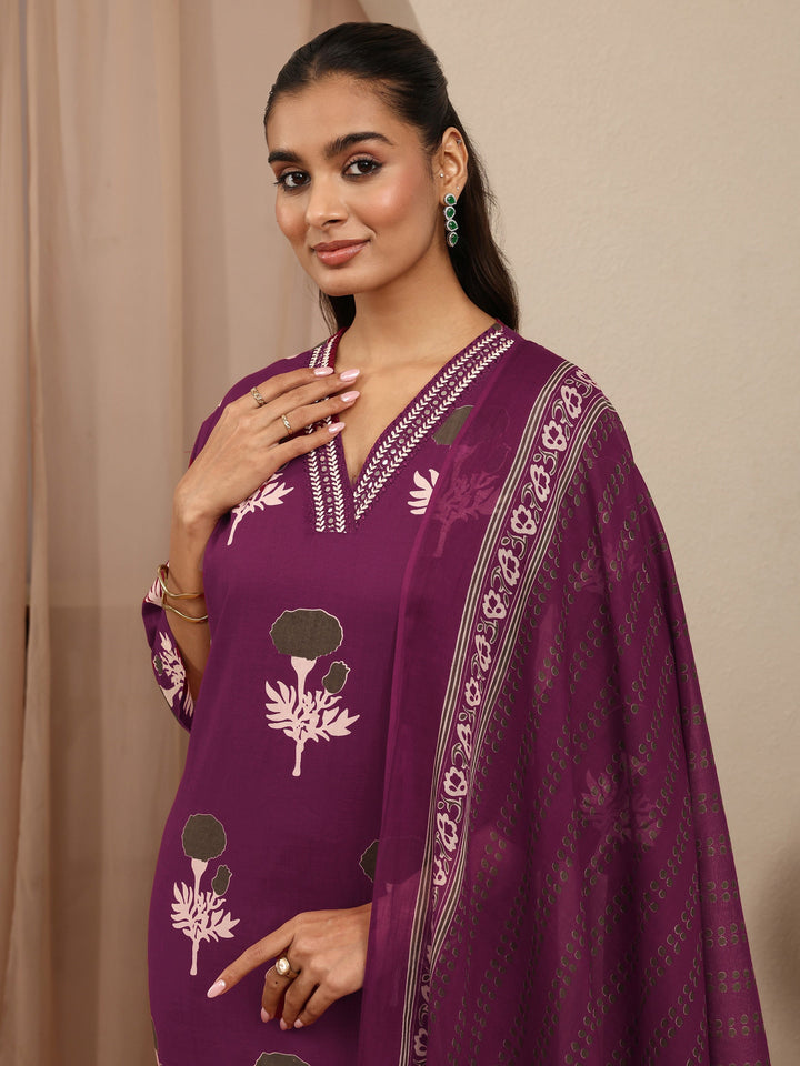 Burgundy Printed Cotton Straight Suit Set With Dupatta