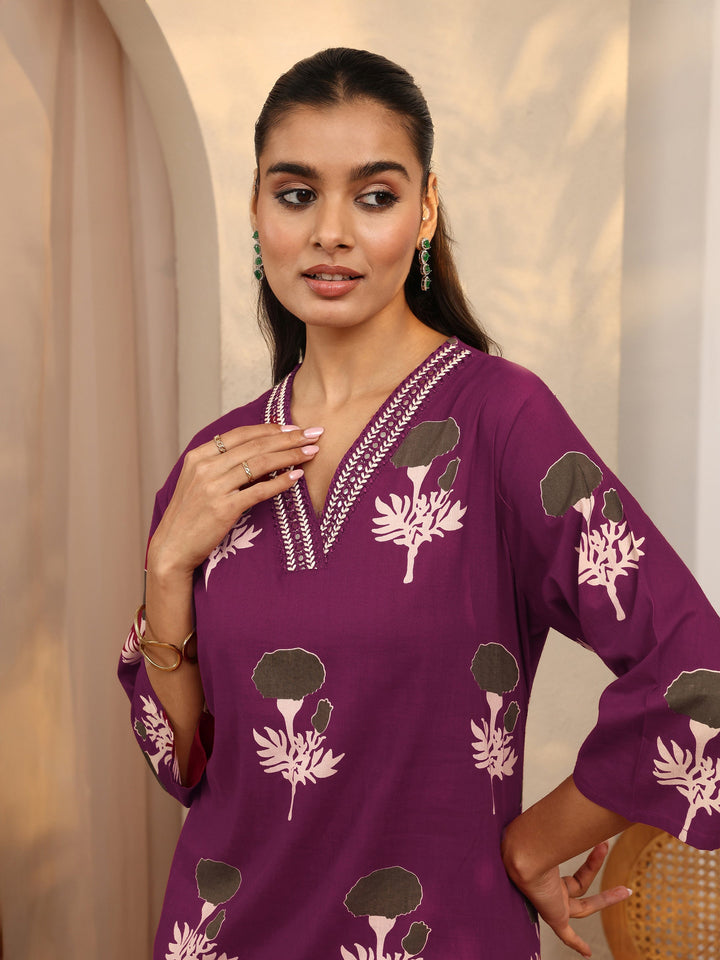Burgundy Printed Cotton Straight Suit Set With Dupatta