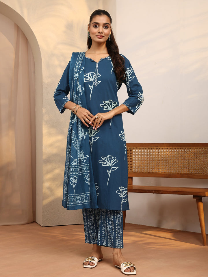 Blue Printed Cotton Straight Suit Set With Dupatta
