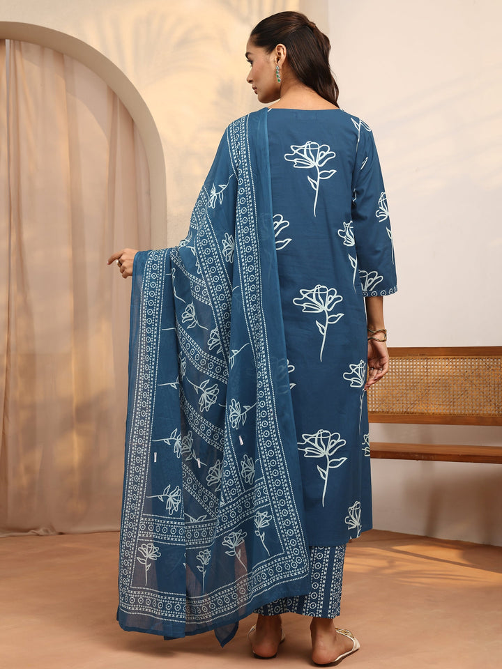 Blue Printed Cotton Straight Suit Set With Dupatta